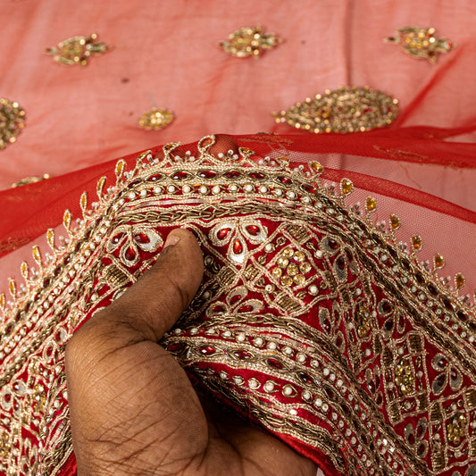 Sanskriti Vintage Red Net Dupatta/Stole Hand Embroidered Zardozi Dabka Long Veil