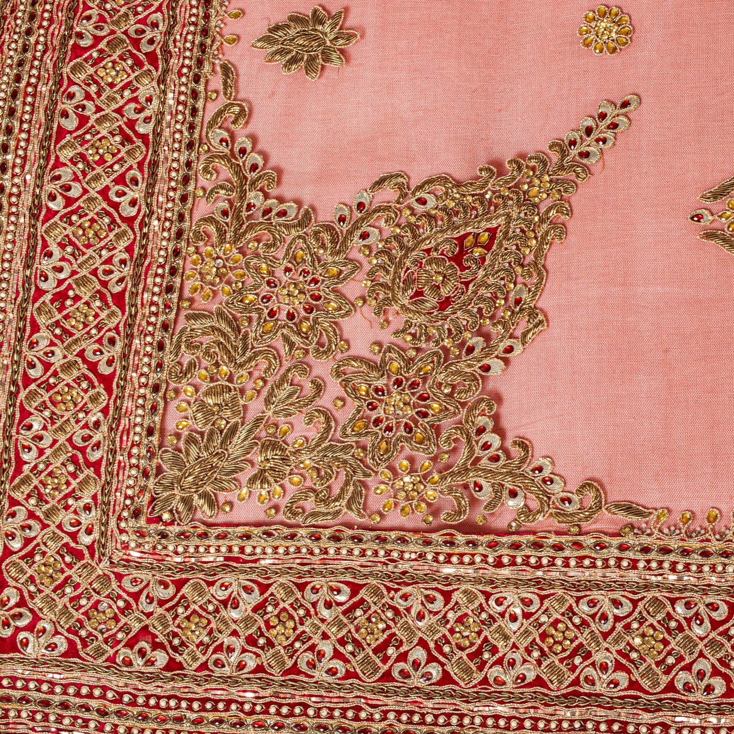 Sanskriti Vintage Red Net Dupatta/Stole Hand Embroidered Zardozi Dabka Long Veil