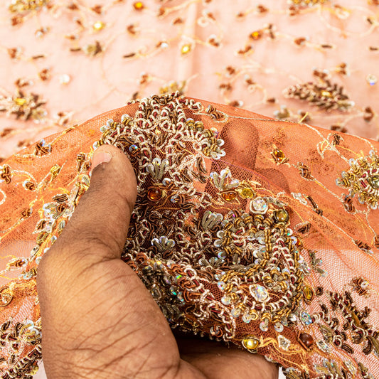 Sanskriti Vintage Peach Net Dupatta/Stole Hand Embroidery Zari Zardozi Neck Veil