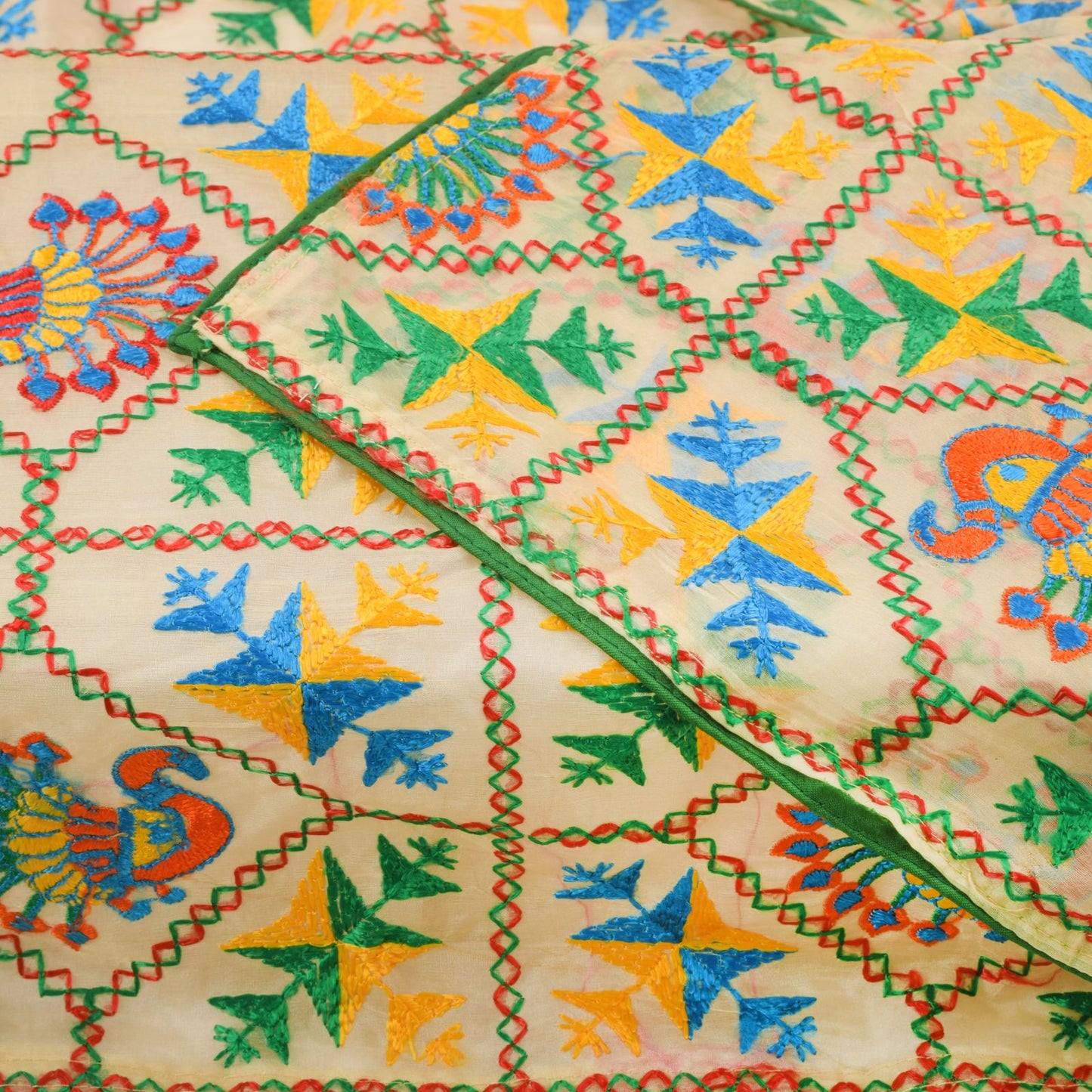 Sanskriti Vintage White Organza Dupatta/Stole Peacock Hand Embroidered Phulkari