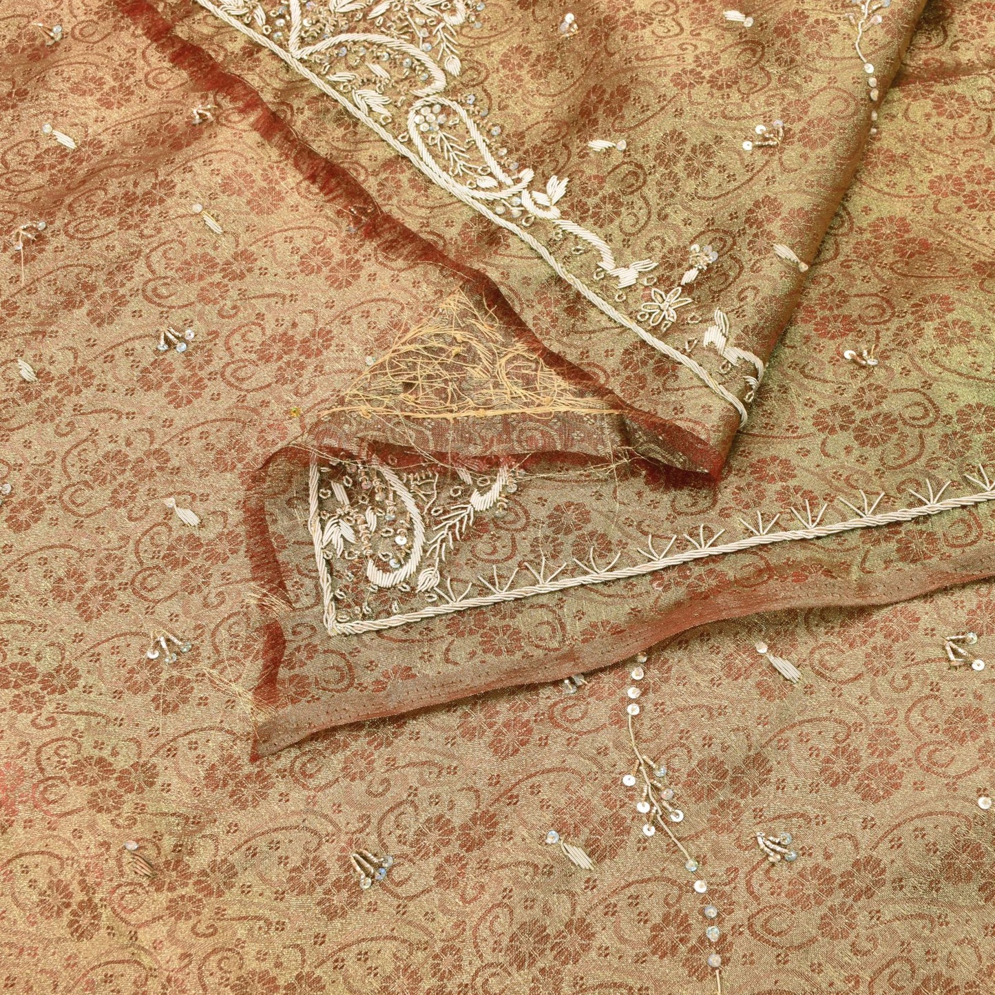 Sanskriti Vintage Golden Brown Art Silk Dupatta/Stole Hand Embroidery Zardozi