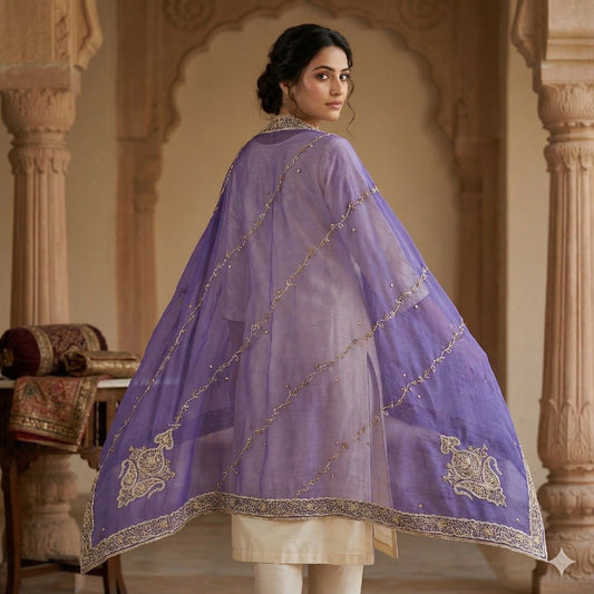 Sanskriti Vintage Blue Soft Art Silk Dupatta/Stole Hand Embroidery Zardozi Dabka