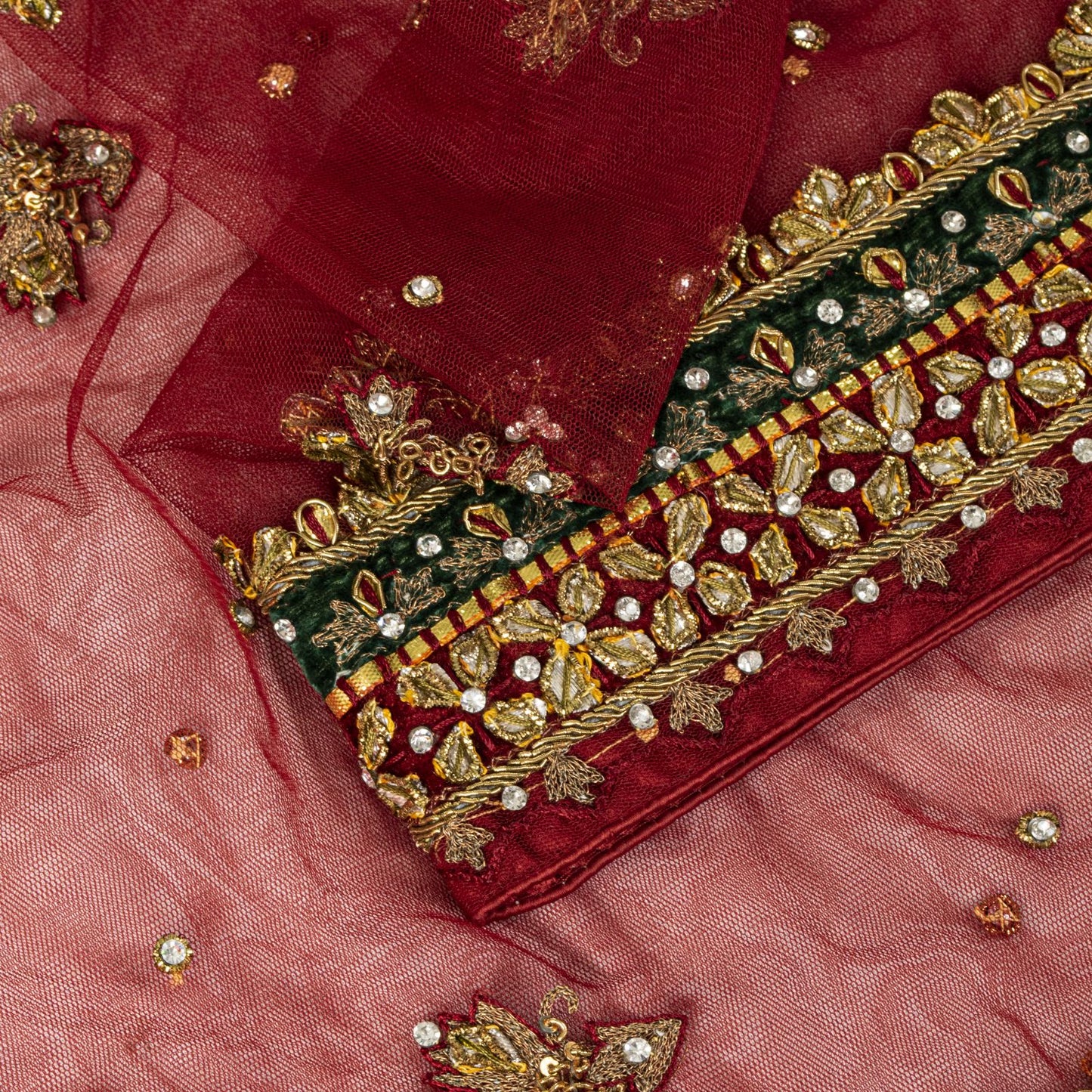 Sanskriti Vintage Dark Red Net Dupatta/Stole Hand Embroidery Zardozi Dabak Veil