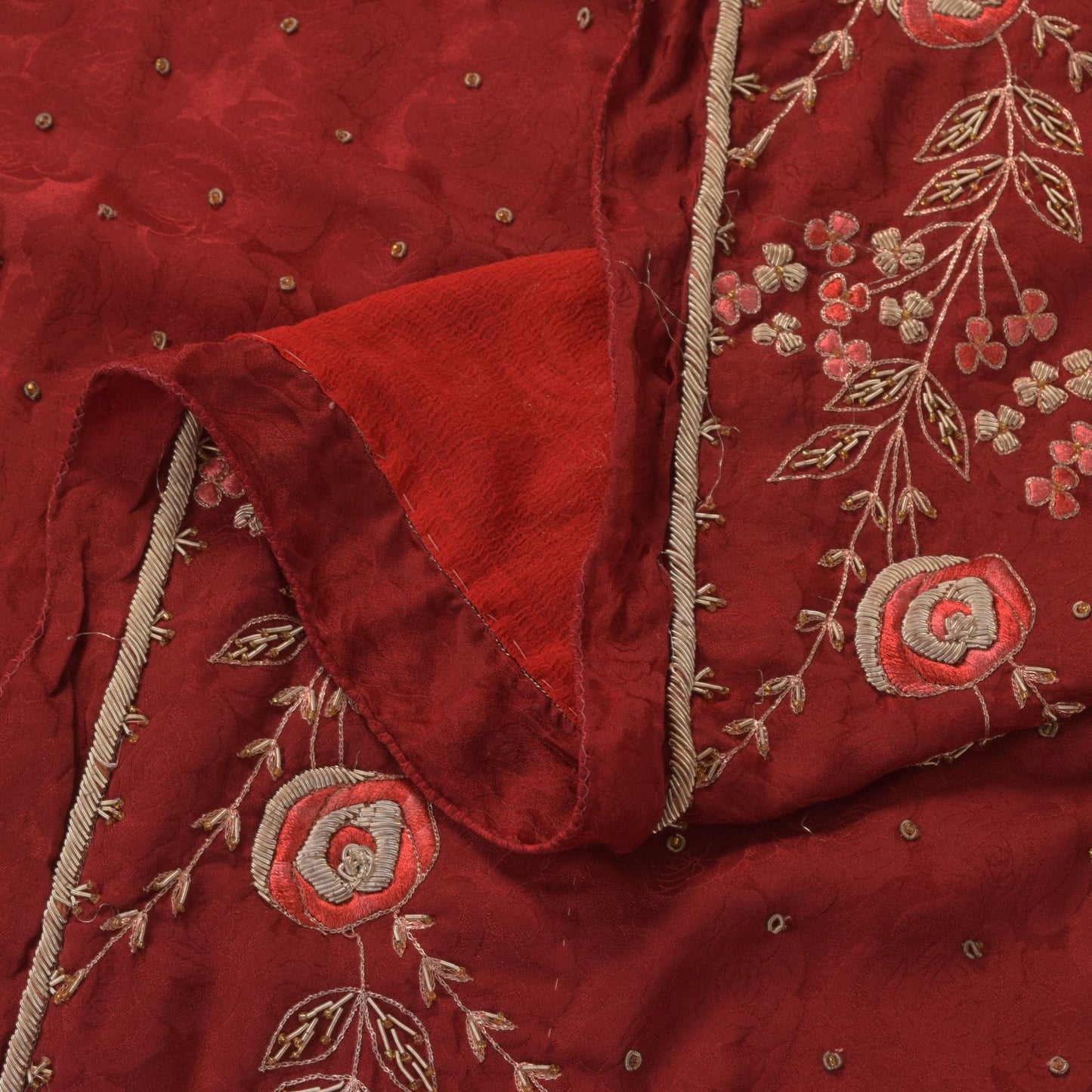 Sanskriti Vintage Red Soft Pure Silk Dupatta/Stole Hand Embroidery Zari Zardozi