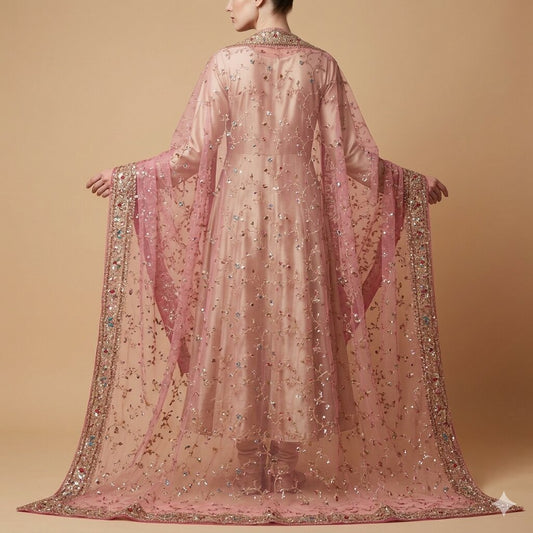 Sanskriti Vintage Pink Net Dupatta/Stole Hand Embroidery Zari Zardozi Bead Veil