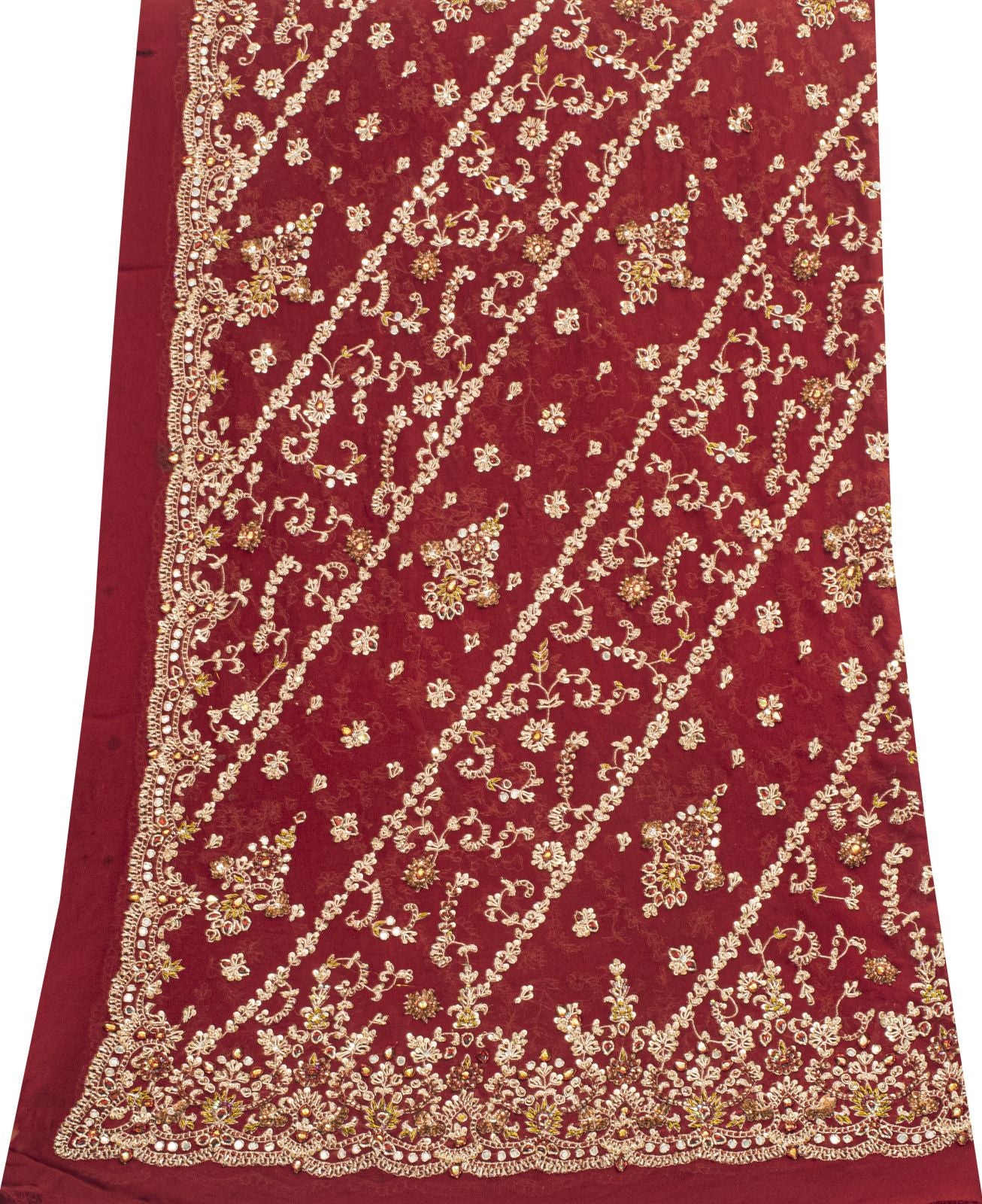 Sanskriti Vintage Red Pure Georgette Silk Dupatta/Stole Hand Embroidery Zardozi