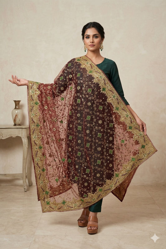 Sanskriti Vintage Pink Net Mesh Dupatta/Stole Hand Embroidery Zardozi Dabka Veil