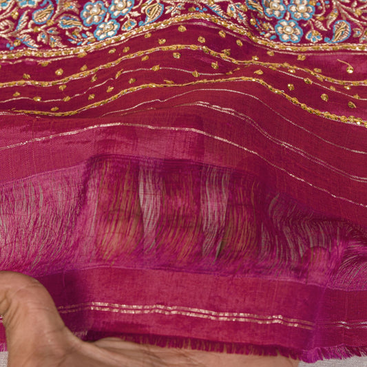 Sanskriti Vintage Pink Pure Silk Dupatta/Stole Brocade Zari Hand Woven-Bead Veil
