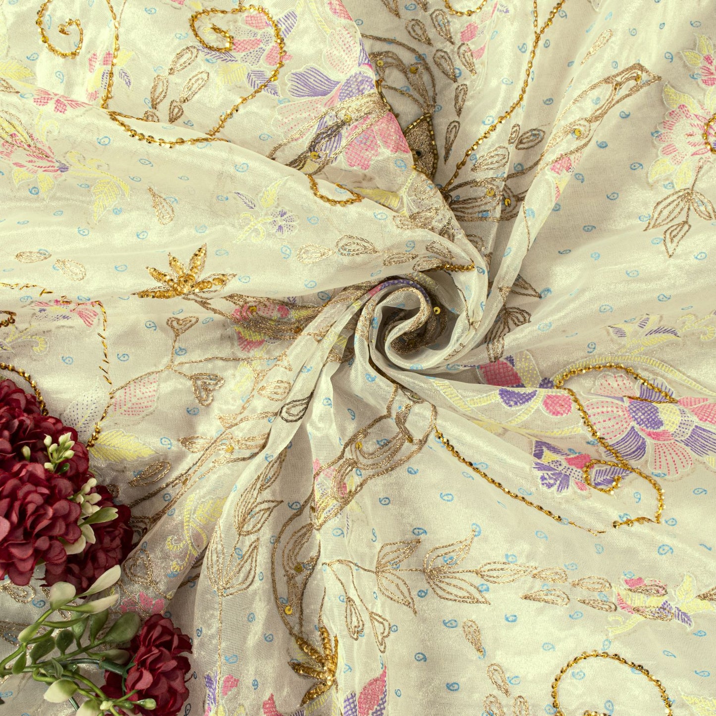 Sanskriti Vintage Cream Silk Organza Dupatta Floral Zari Embroidered Bead Stole