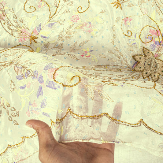 Sanskriti Vintage Cream Silk Organza Dupatta Floral Zari Embroidered Bead Stole