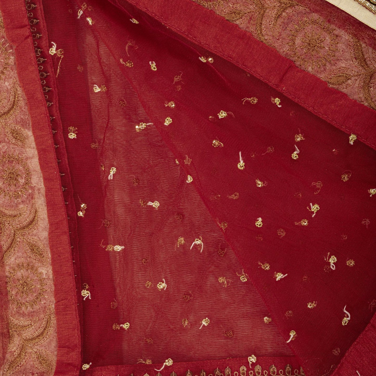 Sanskriti Vintage Red Net Dupatta/Stole Hand Embroidered Zari Sequin Indian Veil