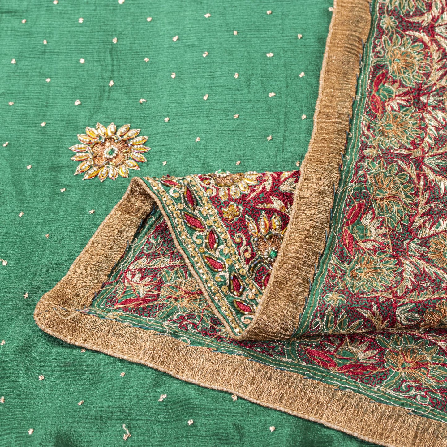 Sanskriti Vintage Green Pure Chiffon Silk Dupatta/Stole Hand Beaded Neck Veil