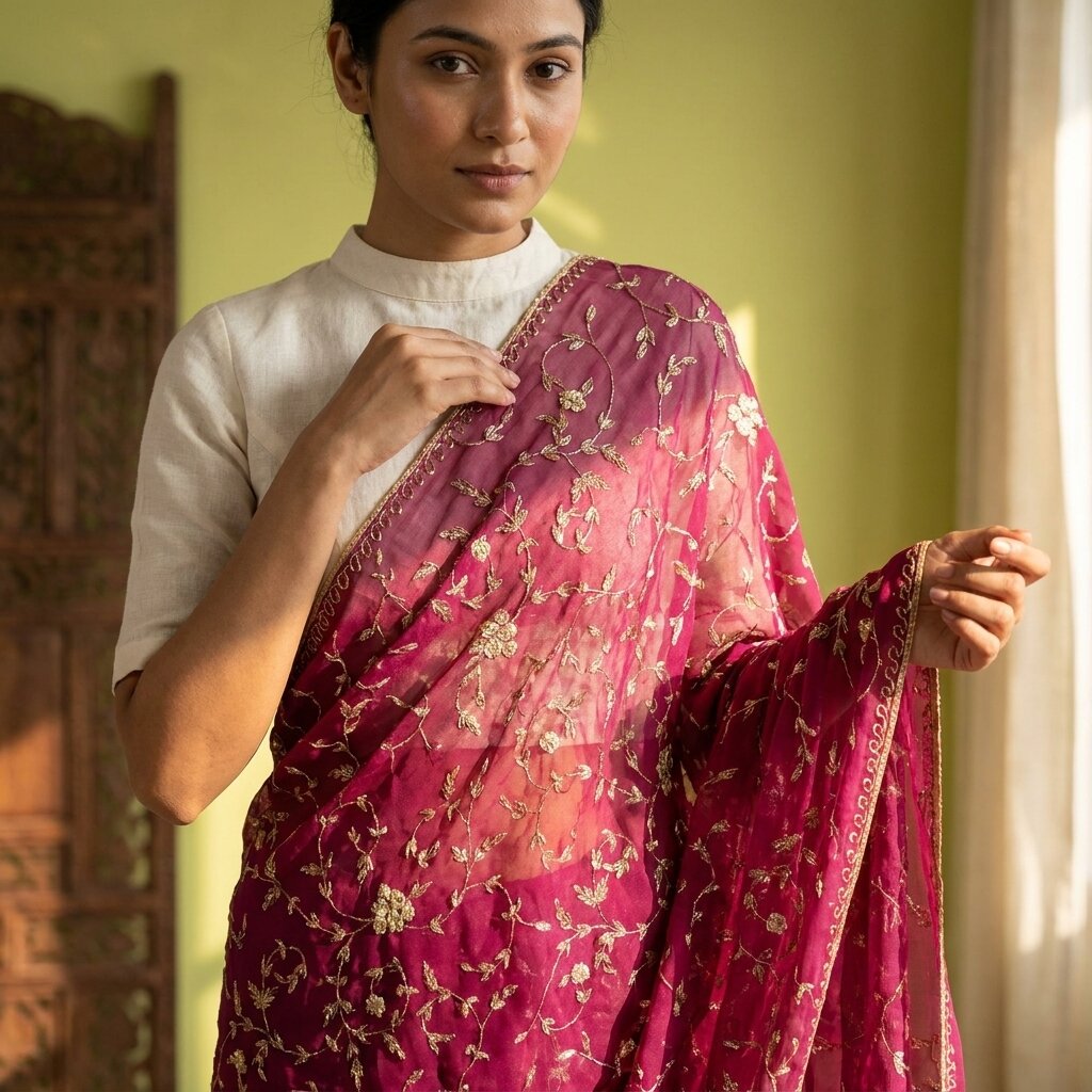 Sanskriti Vintage Purple Georgette Dupatta/Stole Hand Embroidery Zari Zardozi