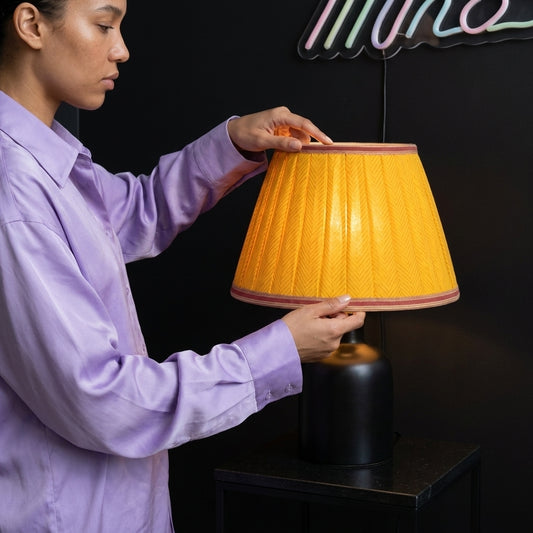 Sanskriti Handmade Lamp Yellow Pure Silk Vintage Sari Upcycled Gathered/Pleated