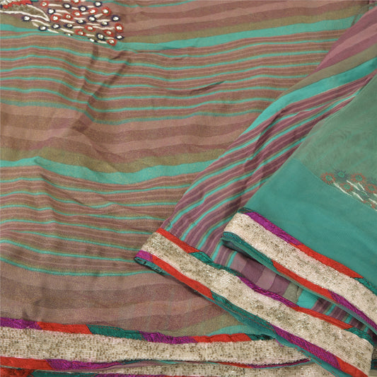 Sanskriti Vintage MultiColor Sarees Net Mesh Hand Beaded Peacock Sari Sustainable Fabric