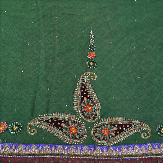 Sanskriti Vintage Green Sarees Pure Georgette Silk Handmade Sustainable Fabric Sari Blouse