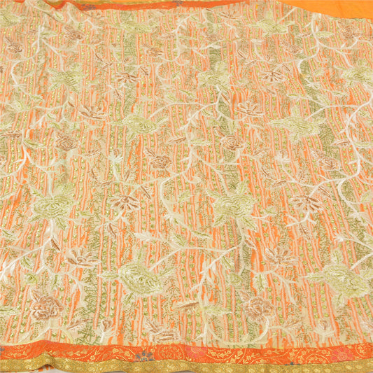 Sanskriti Vintage Ivory Sarees Pure Georgette Silk Embroidered Sustainable Fabric 5 YD Sari