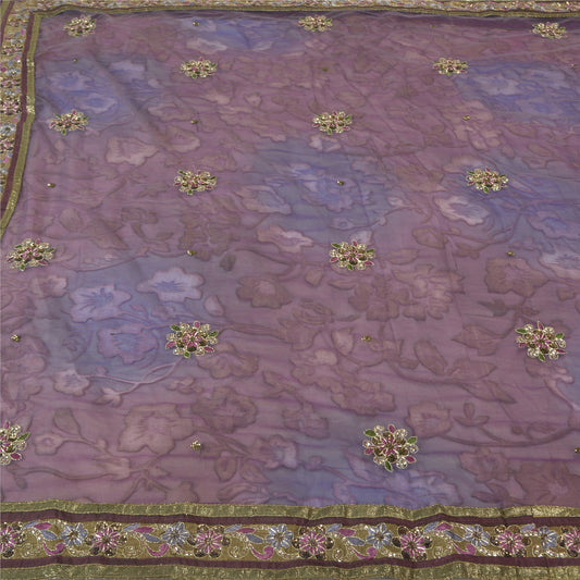 Sanskrit Vintage Purple/Green Sarees Embroidered Net Mesh Sustainable Fabric Lehenga Sari