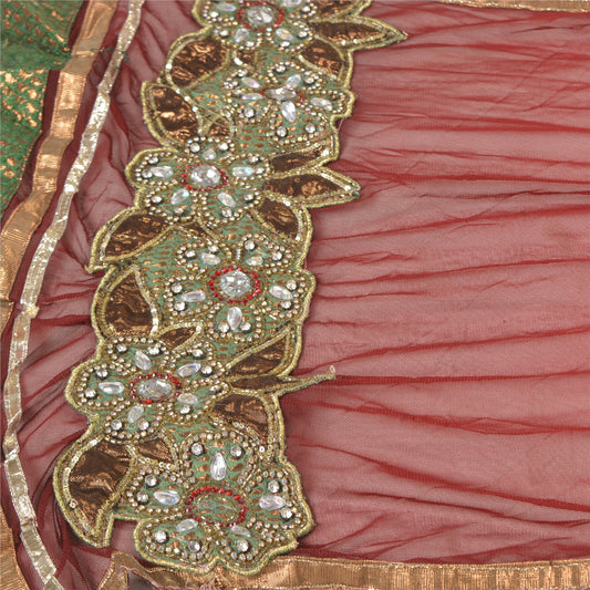 Sanskriti Vintage Indian Sarees Hand Beaded Pink Pre Stitched Lehenga Gota Sari