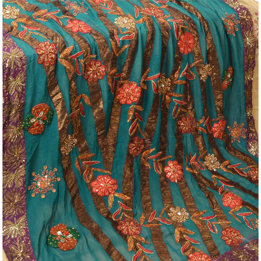 Sanskriti Vintage Sari 100% Pure Georgette Silk Teal Blue & Cream Bollywood Wedding Sarees Zari Zardozi Hand Beaded 6yd Craft Fabric