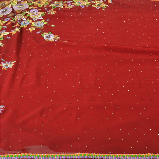 Sanskriti Vintage Dark Red Sarees Hand Beaded Pure Georgette Silk Sustainable Fabric Sari