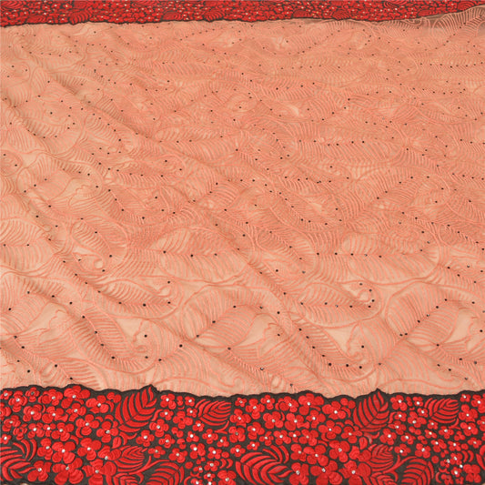 Sanskriti Vintage Peach Sarees Net Mesh Hand Beaded 5yd Sustainable Fabric Sari With Blouse