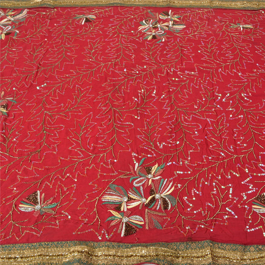 Sanskriti Vintage Dark Red Indian Sarees Blend Georgette Hand Beaded Sustainable Fabric Sari