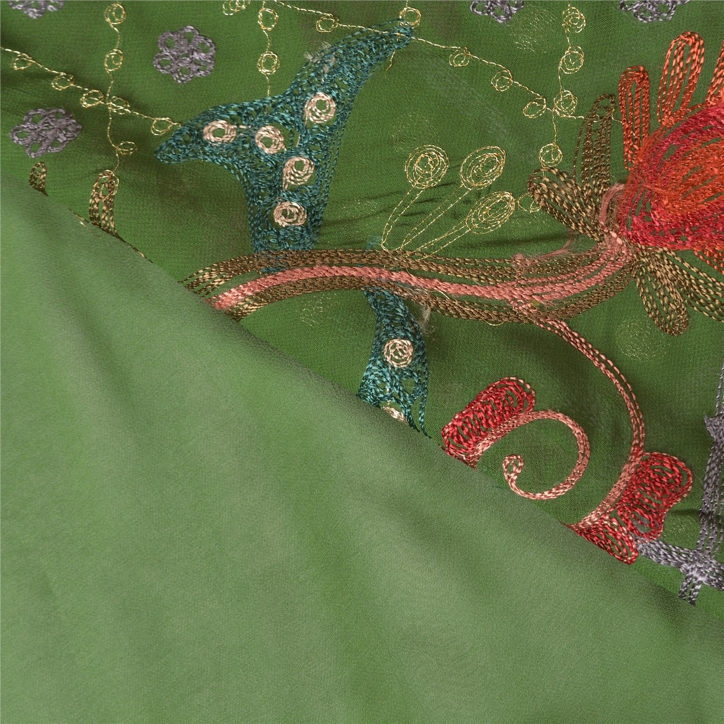 Sanskriti Vintage Green Indian Saree Hand Beaded Pure Georgette Silk Sustainable Fabric Sari