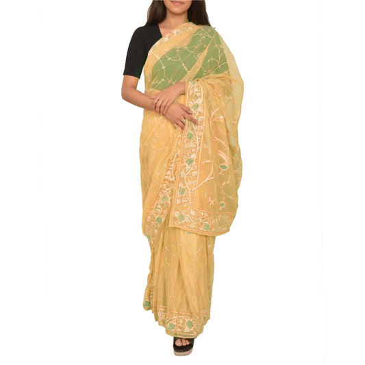 Sanskriti Vintage Peach Sarees Net Hand Beaded Pre Stitched Lehenga Sari/Sustainable Fabric