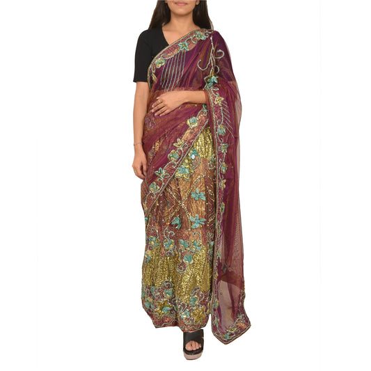 Sanskriti Vintage Purple Sarees Hand Beaded Net Sustainable Fabric 5 Yd Lehenga Party Sari