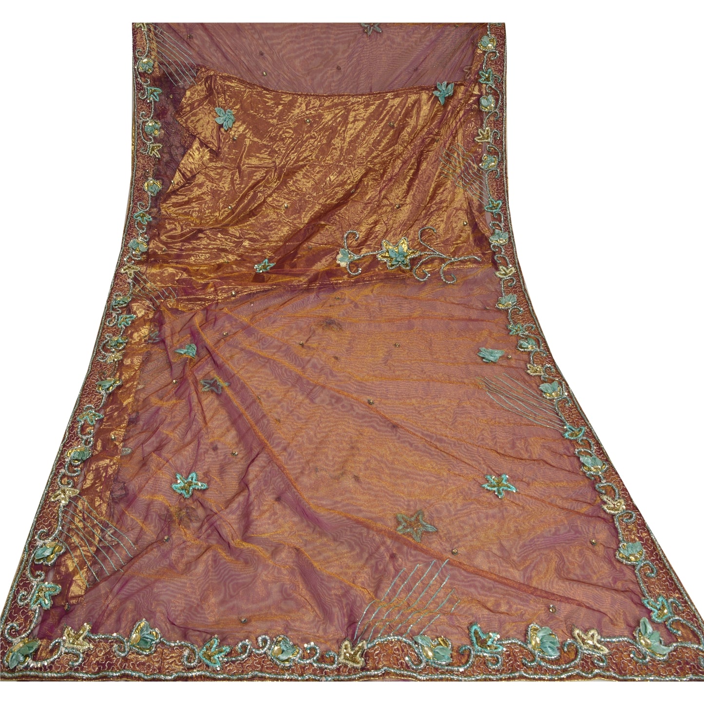 Sanskriti Vintage Purple Sarees Hand Beaded Net Sustainable Fabric 5 Yd Lehenga Party Sari