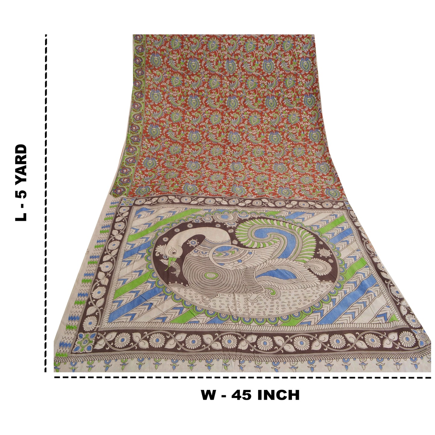 Sanskriti Vintage Red Indian Sarees Pure Cotton Kalamkari Peacock Sari Sustainable Fabric