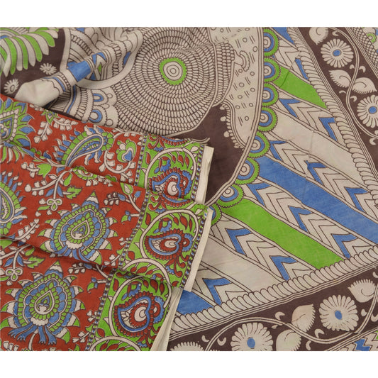 Sanskriti Vintage Red Indian Sarees Pure Cotton Kalamkari Peacock Sari Sustainable Fabric