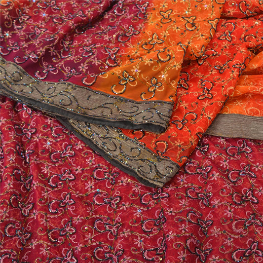 Sanskriti Vintage Dark Red Sarees Net Mesh Sustainable Fabric Hand Beaded Party Sari Sustainable Fabric