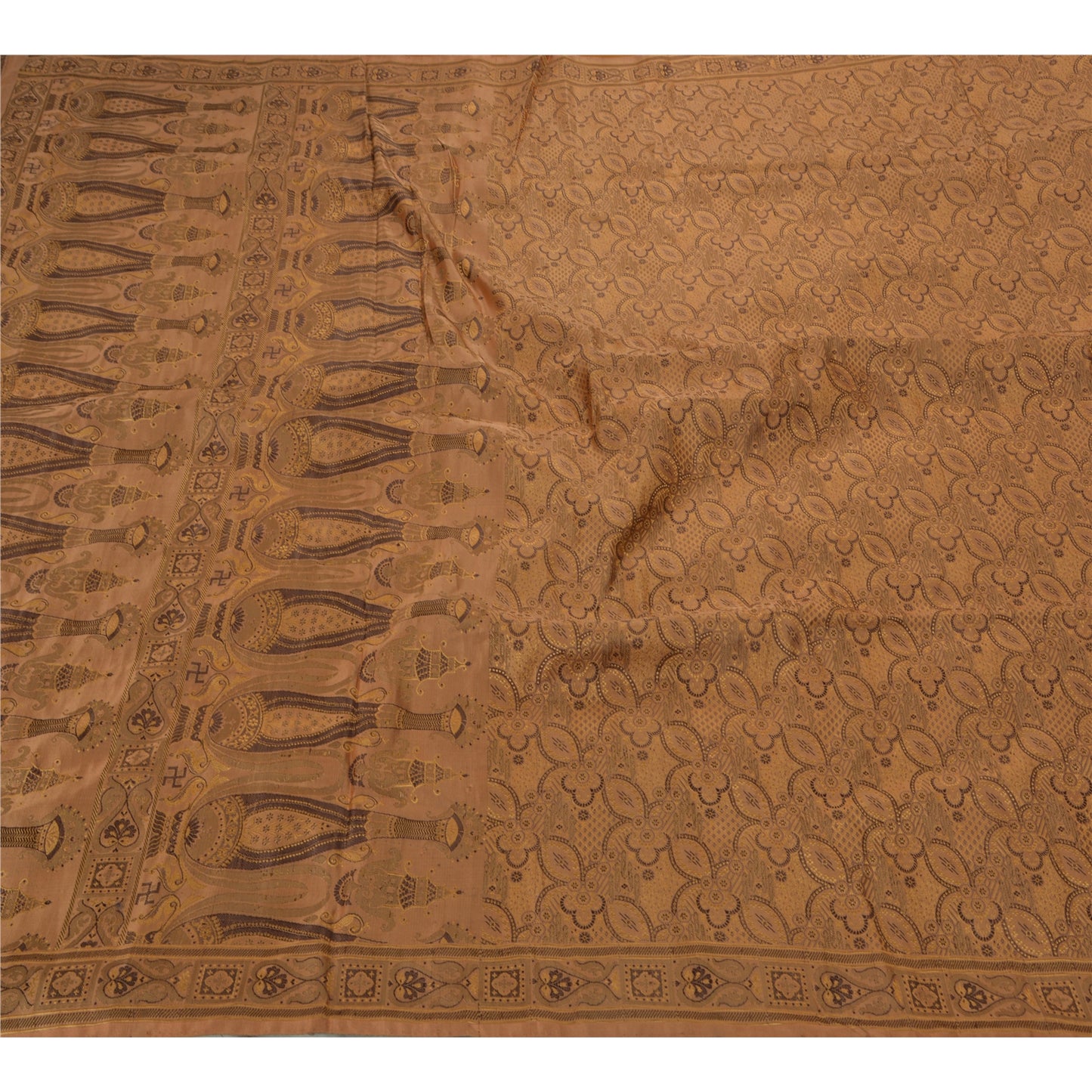 Sanskriti vintage Indian Sarees Woven 100% Pure Satin Silk Sustainable Fabric Brown Sari