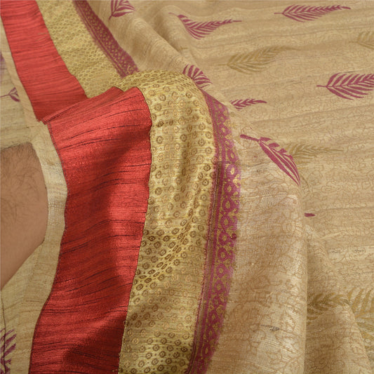 Sanskriti Vintage Ivory Indian Sarees 100% Pure Handloom Silk Woven Sari Sustainable Fabric