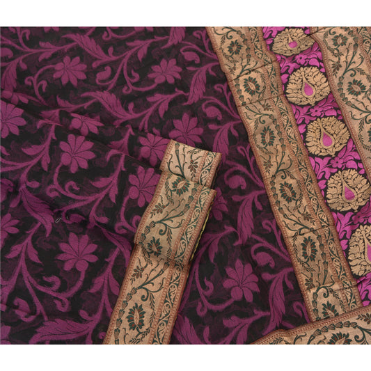 Sanskriti Vintage Black Indian Sarees Net Mesh Woven Party Sari 5 Yard Sustainable Fabric