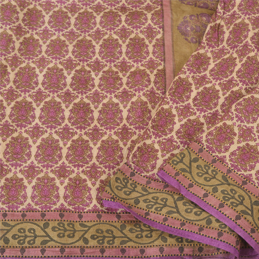 Sanskriti vintage Pink/Ivory Sarees Pure Woollen Printed 5 Yd Sustainable Fabric Craft Sari