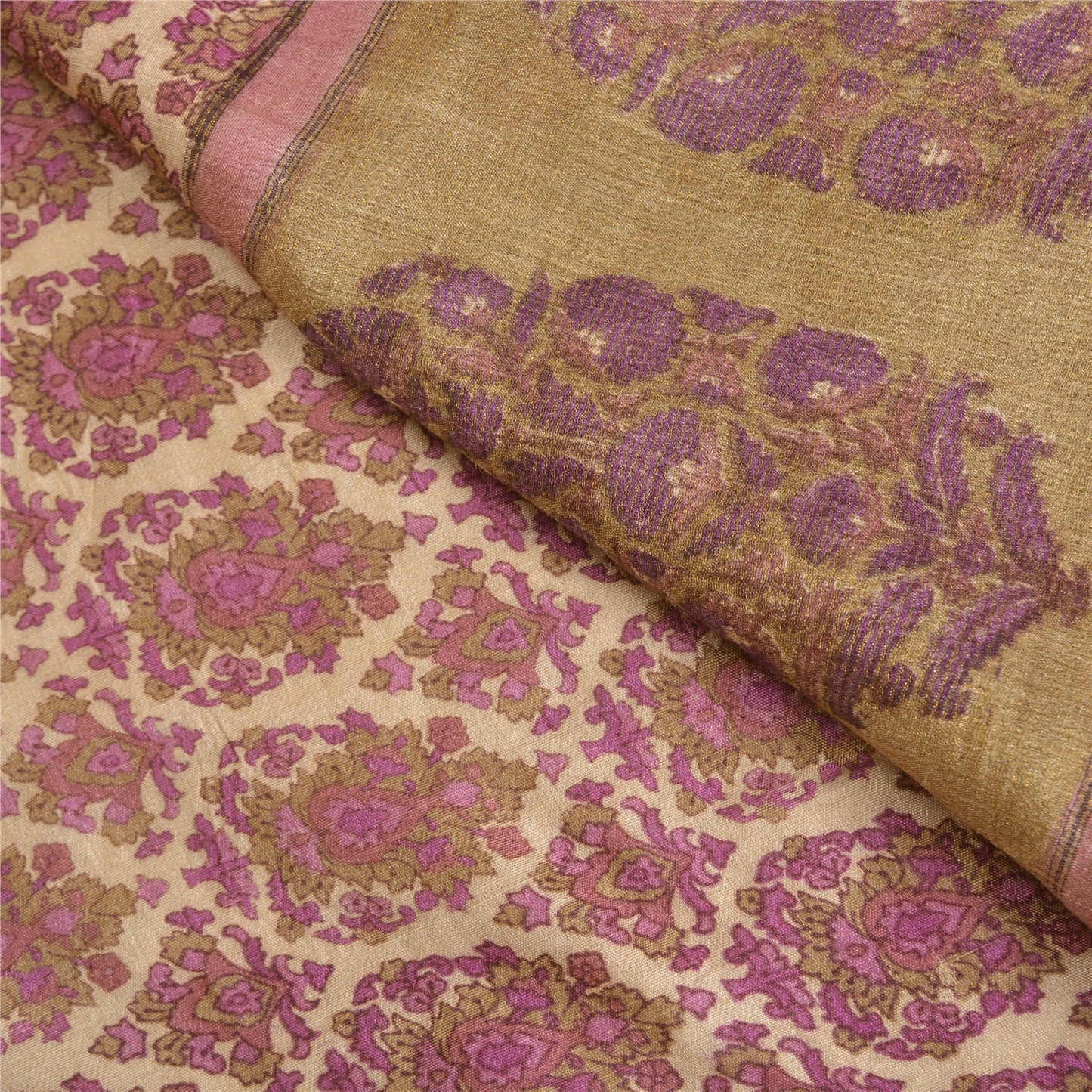 Sanskriti vintage Pink/Ivory Sarees Pure Woollen Printed 5 Yd Sustainable Fabric Craft Sari