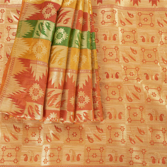 Sanskriti Vintage Orange Heavy Sarees Pure Silk Zari Woven Brocade 5+Yd Fabric