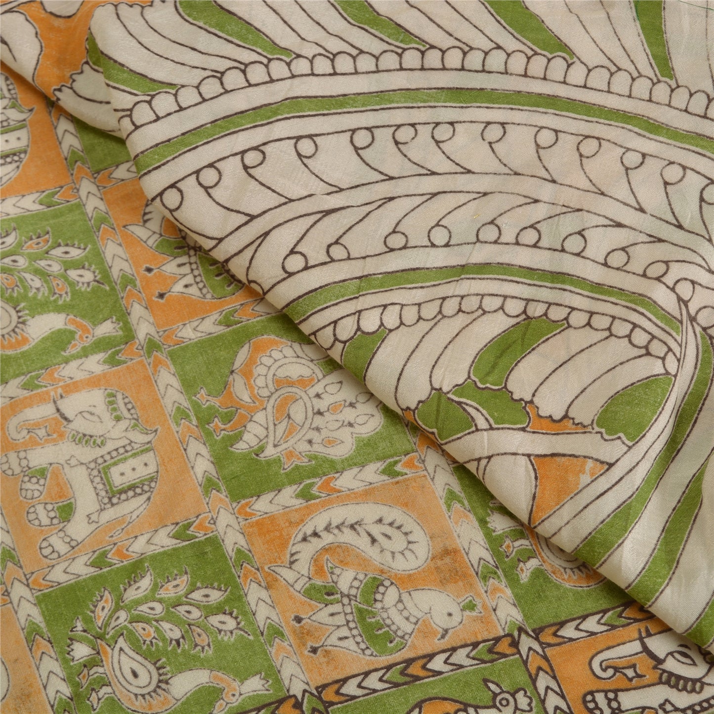 Sanskriti Vintage Green/Ivory Heavy Sarees Cotton Silk Kalamkari 5+Yard Sari