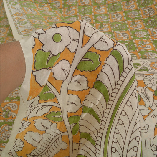 Sanskriti Vintage Green/Ivory Heavy Sarees Cotton Silk Kalamkari 5+Yard Sari