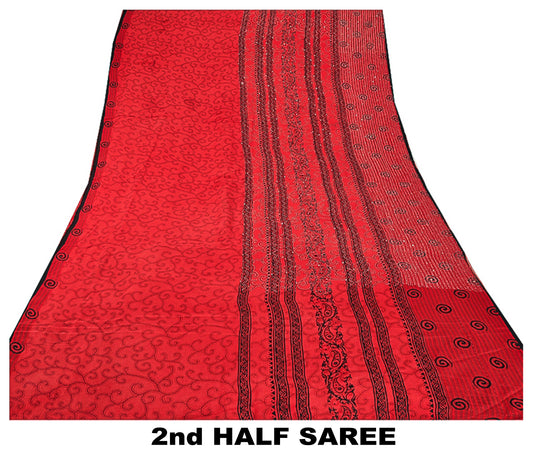 Sanskriti Vintage Red Indian Sari Pure Crepe Silk Handmade Kantha Sarees Fabric