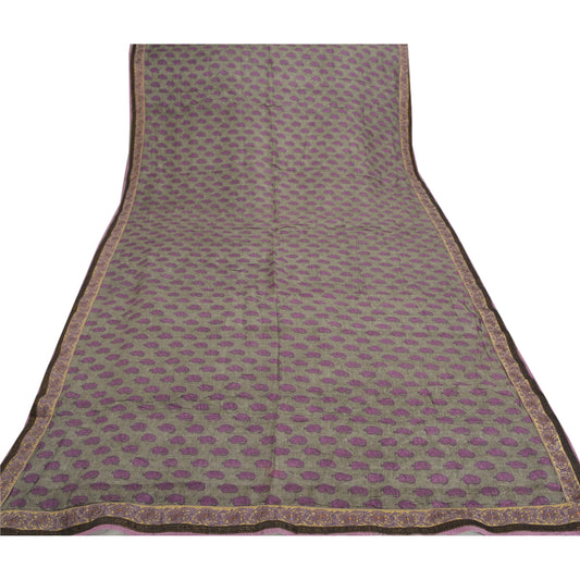Sanskriti Vintage Sarees Pure Tussar Silk Purple Embroidered Printed Sari 5.5+YD Sustainable Fabric