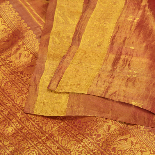 Sanskriti Vintage Golden Red Sarees Pure Silk Woven Brocade/Banarasi Sustainable Fabric Sari