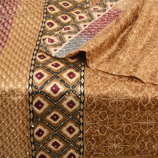 Sanskriti Vintage Brown Indian Sarees Pure Silk Hand Beaded Kantha Sari Sustainable Fabric