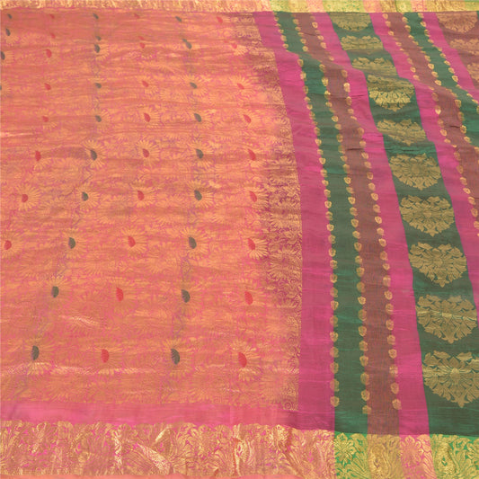 Sanskriti Vintage Pink 100% Pure South Silk Sarees Hand-Woven Sari Zari Fabric