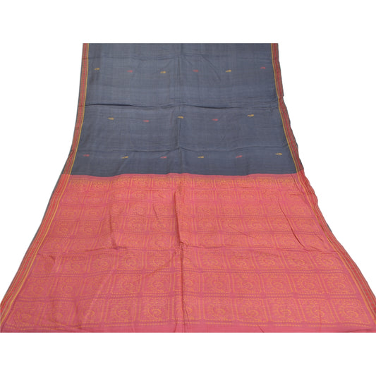 Sanskriti Vintage Greyish Black Indian Sarees Pure Silk Handwoven Sari 6ydFabric