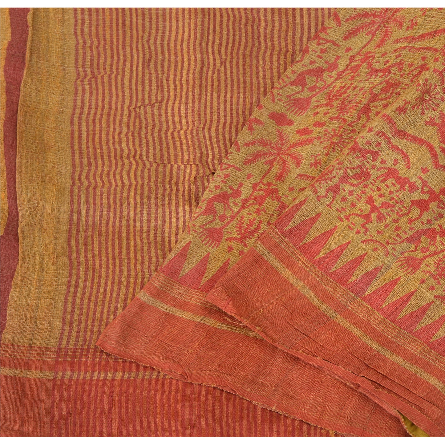 Sanskriti Vintage Beige Saree Pure Handloom Silk Printed Sari 5Yrd Craft Fabric upholstery fabric