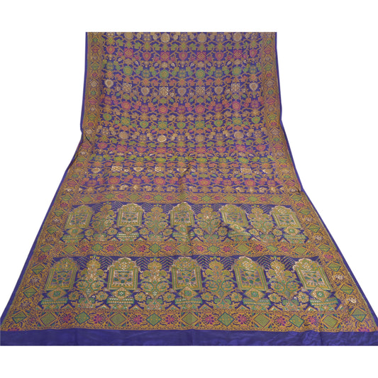 Sanskriti Vintage Blue Sarees Banarasi Pure Silk Woven Tanchoi Sari 5+YD Fabric